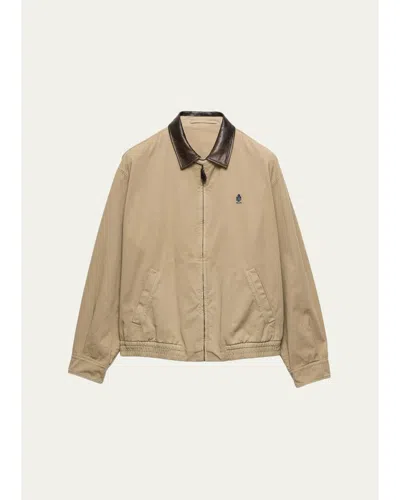 Prada Men's Old Gabardine Leather-collar Full-zip Jacket In Brown