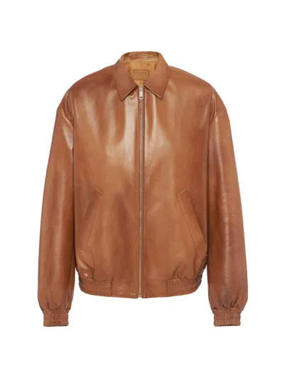 Prada Men's Oversized Nappa Leather Bomber Jacket In Brown