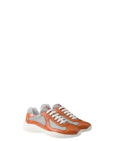 Prada Men's Patent Leather And Technical Fabric America's Cup Sneakers In Orange