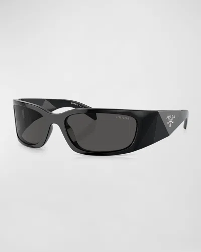 Prada Men's Plastic Rectangle Wrap Sunglasses In Black