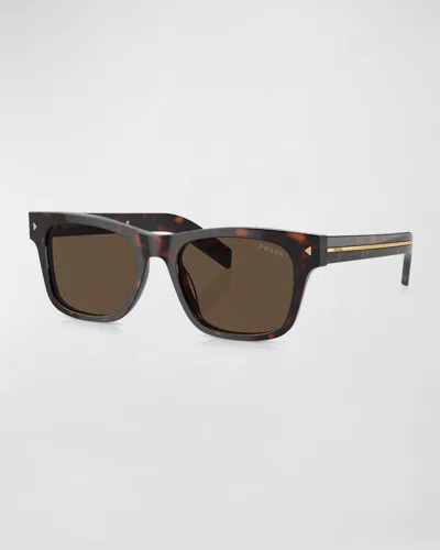Prada Men's Polarized Acetate Rectangle Sunglasses In Dark Brown