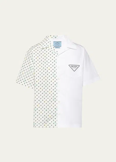 Prada Men's Poplin Double Match Camp Shirt In White Multi