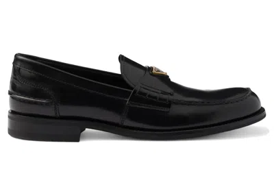 Pre-owned Prada Men's  Brushed Leather Loafers Gold Sneakers In Black