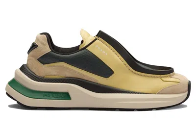 Pre-owned Prada Men's  Brushed Leather Sneakers Bike Fabric Suede Greenin Vanilla/anthracite In Multi