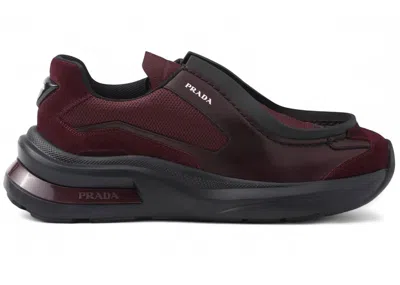 Pre-owned Prada Men's  Brushed Leather Sneakers Bike Fabric Suede In Burgundy