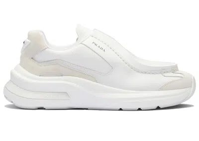 Pre-owned Prada Men's  Brushed Leather Sneakers Bike Fabric Suede In White