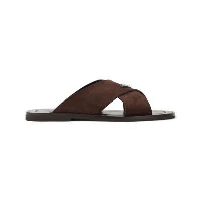 Prada Suede Leather Flat Sole Sandals In Brown
