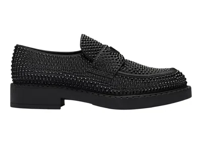 Pre-owned Prada Men's  Chocolate 35mm Crystal Loafer Satin Sneakers In Black