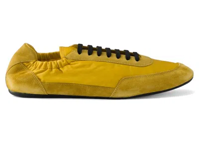 Pre-owned Prada Men's  Collapse Sneakers Renylon Suede Elasticized In Topaz In Gold