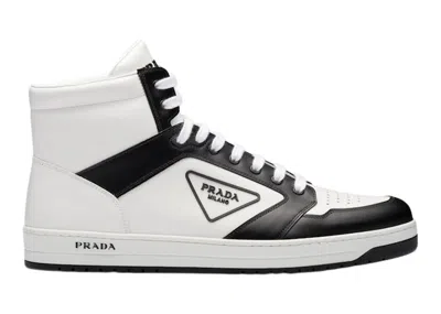 Pre-owned Prada Men's  District High Leather Sneakers In White/black