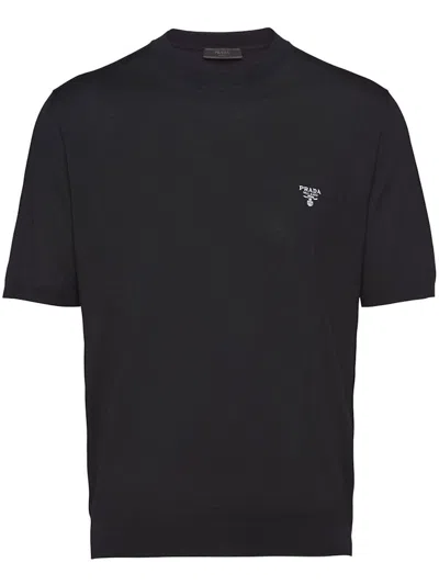 Pre-owned Prada Men's  Embroidered Logo Wool Short Sleeved Shirt In Black