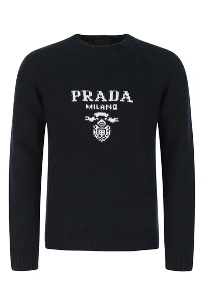 Pre-owned Prada Men's  Intarsia Logo Knit Crewneck Sweater In Black