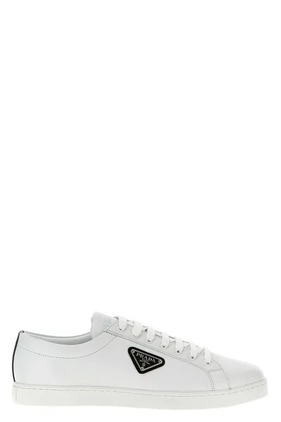 Prada Logo Leather Sneaker In White,black