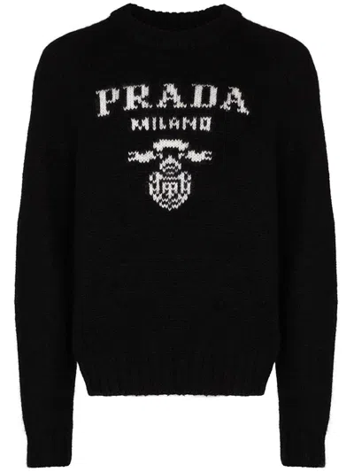 Pre-owned Prada Men's  Logo Wool And Cashmere Crewneck Sweatshirt Sweater In Black