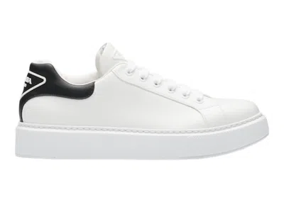 Pre-owned Prada Men's  Macro Leather Sneakersin White/black In Multi