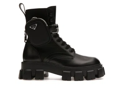 Pre-owned Prada Men's  Monolith 60mm Pouch Ankle Boots Brushed Leather And Nylon Sneakers In Black