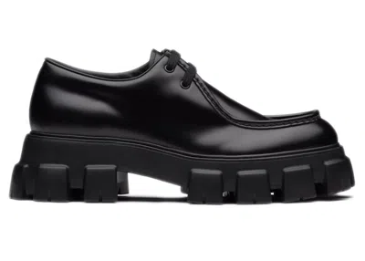 Pre-owned Prada Men's  Monolith Laceup Shoe Brushed Leather Sneakers In Black