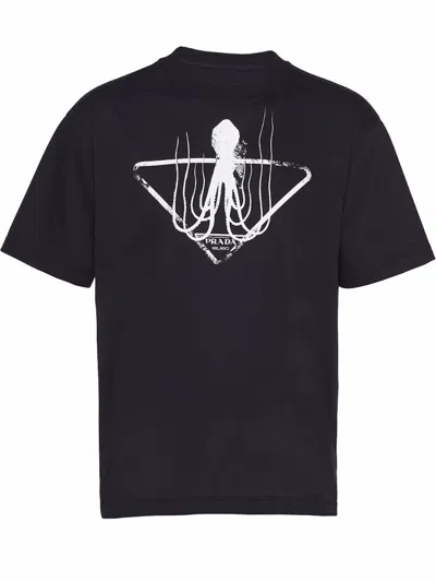 Pre-owned Prada Men's  Octopus Print T-shirt In Black/white In Multi