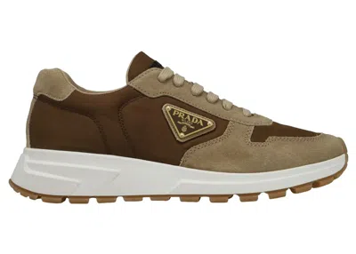 Pre-owned Prada Men's  Prax 01 Sneakers Renylon Brushed Leatherin Ecru/brown