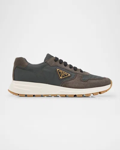 Prada Men's Prax 01 Delave Suede And Re-nylon Sneakers In Ematit Pio