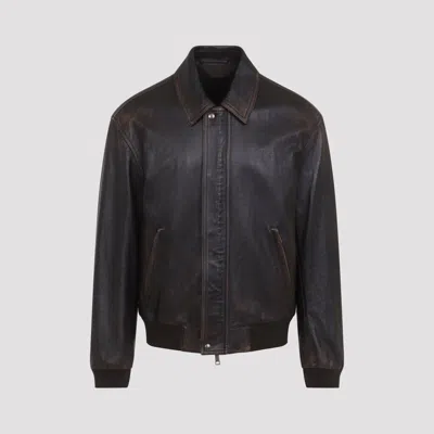 Prada Men's Print Pattern Bomber Jacket In 100% Lamb Leather In Brown