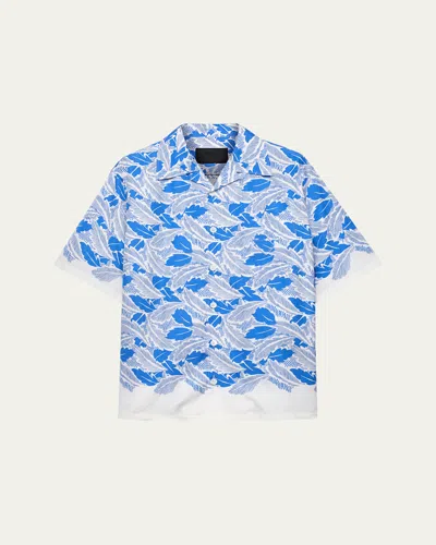 Prada Men's Printed Bowling Shirt In Blue