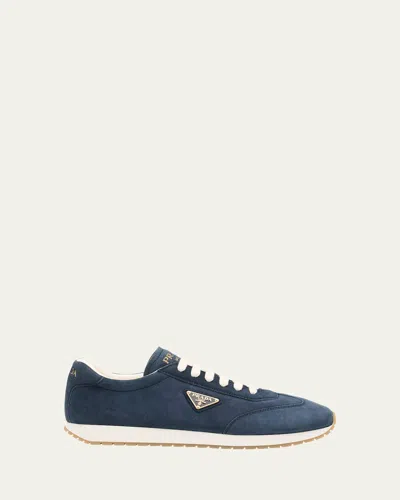 Prada Men's Rank Suede T-toe Retro Runner Sneakers In Blue