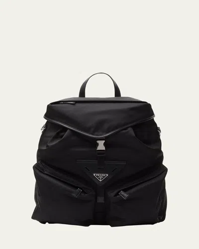 Prada Men's Re-nylon And Leather Backpack In Black
