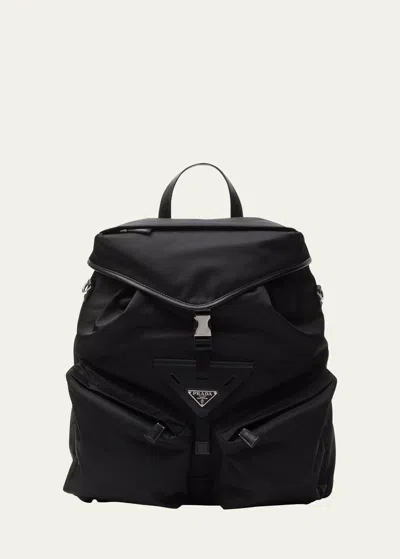 Prada Men's Re-nylon And Leather Backpack In F0002 Nero