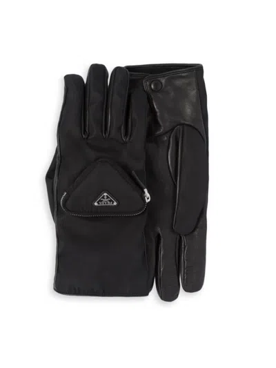 Prada Men's Re-nylon And Nappa Leather Gloves In Black