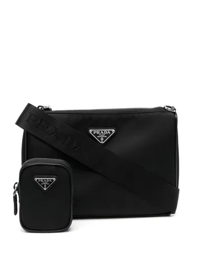 Prada Men Re-nylon And Saffiano Leather Shoulder Bag In Black