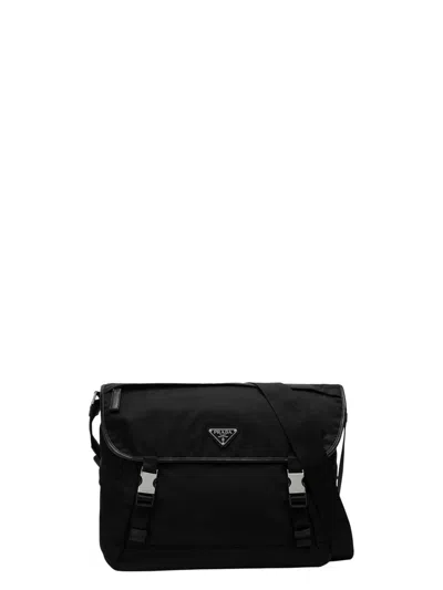 Prada Triangle Logo Re-nylon And Saffiano Leather Shoulder Bag In Black
