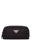Prada Nylon Wash Bag With Enamel Triangle Logo In Black