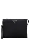 Prada Triangle Logo Re-nylon And Saffiano Leather Envelope Pouch In Black