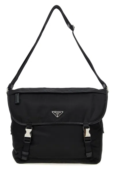 Prada Triangle Logo Re-nylon And Saffiano Leather Shoulder Bag In Black