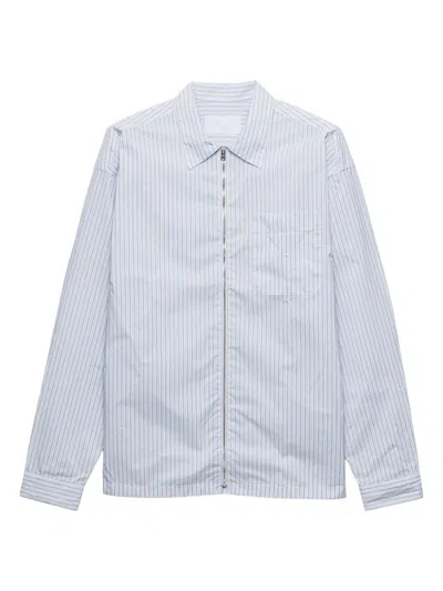 Prada Mens White Re-nylon Zip-up Striped Woven Shirt In Blue