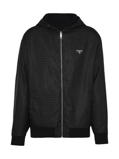 Prada Men's Reversible Cotton Fleece And Re-nylon Hoodie Jacket In Black