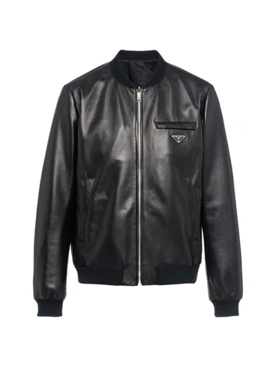 Prada Men's Reversible Nappa Leather And Re-nylon Bomber Jacket In Black