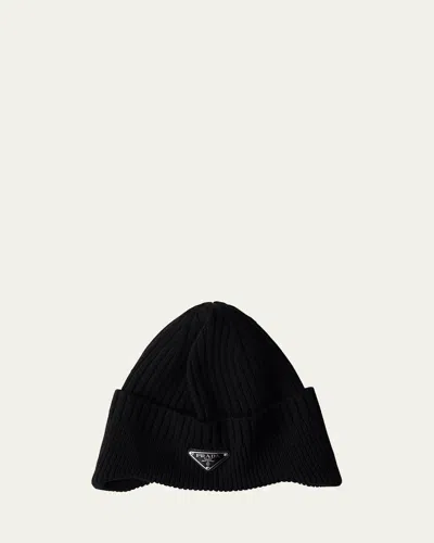 PRADA MEN'S RIBBED WOOL BEANIE HAT