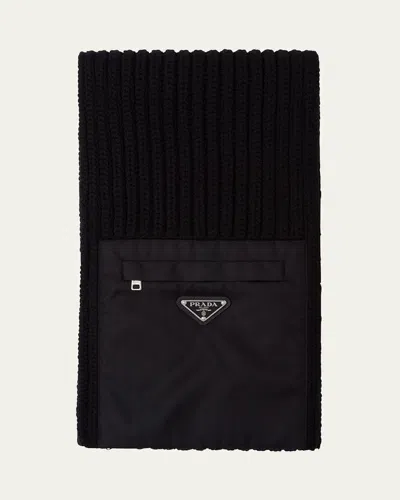 Prada Men's Ribbed Wool Scarf With Nylon Pocket In F0002 Nero