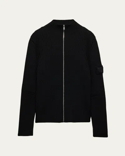 Prada Men's Ribbed Zip Sweater In F0002 Nero
