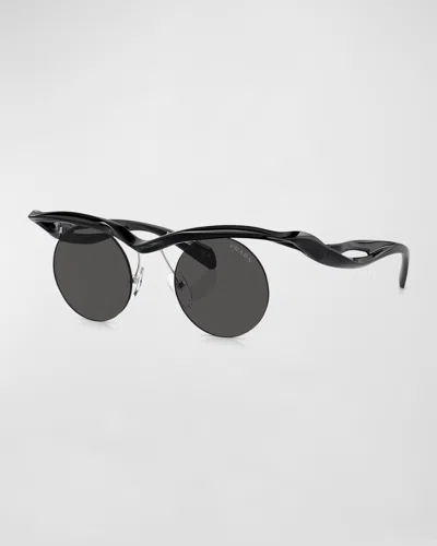 Prada Men's Rimless Plastic Round Sunglasses In Black