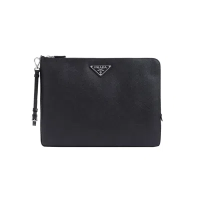 Prada Saffiano Black 100% Leather Pouch Handbag For Men