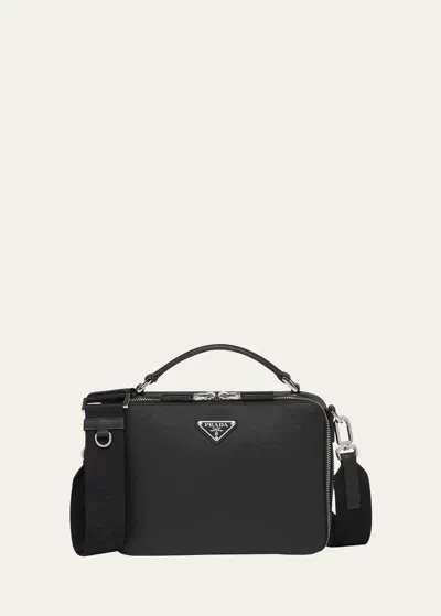 PRADA MEN'S SAFFIANO LEATHER BRIQUE CROSSBODY BAG W/ NYLON STRAP