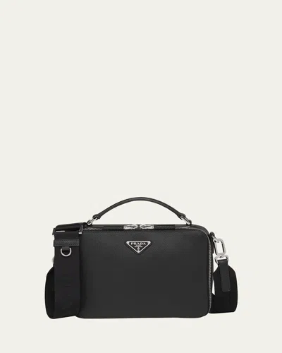 PRADA MEN'S SAFFIANO LEATHER BRIQUE CROSSBODY BAG W/ NYLON STRAP