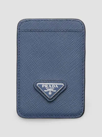 Prada Men's Saffiano Leather Card Holder In Blue