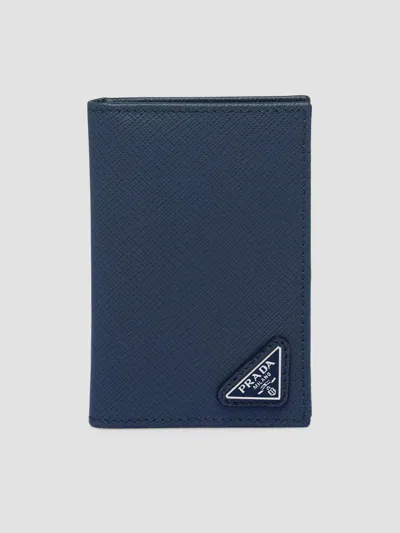 Prada Men's Saffiano Leather Card Holder In Dark Blue