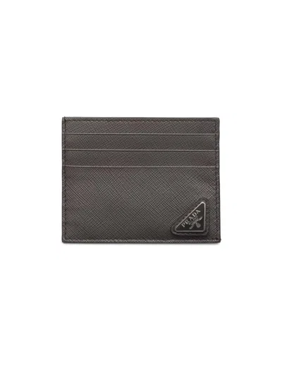 Prada Men's Saffiano Leather Card Holder In Gray