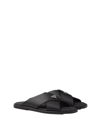 PRADA MEN'S SAFFIANO LEATHER CRISSCROSS SLIDES