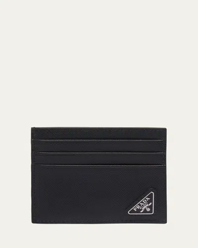 Prada Men's Saffiano Leather Logo Card Case In Nero